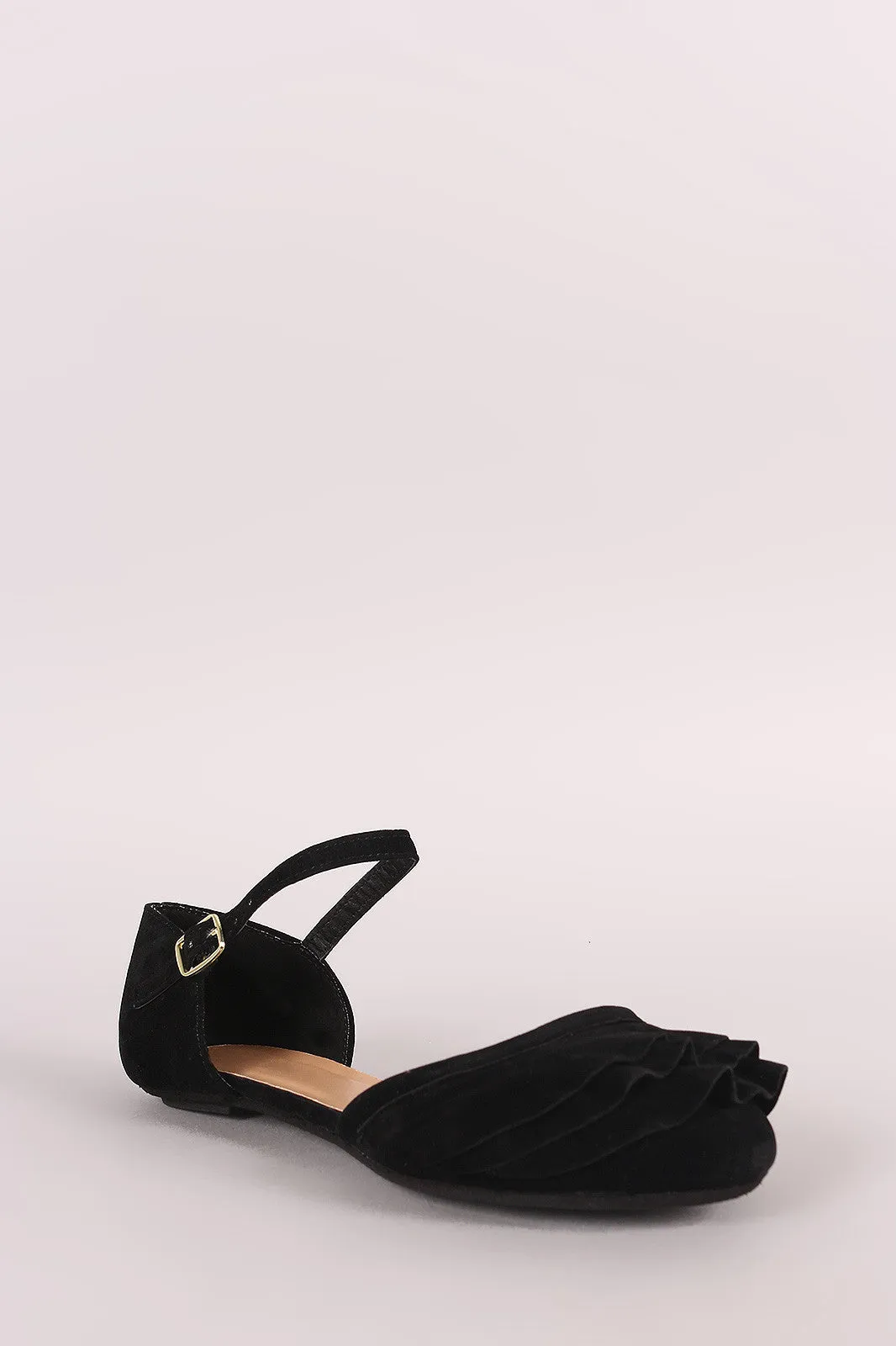 Bamboo Ruffle Round Toe Ankle Strap Dorsay Flat