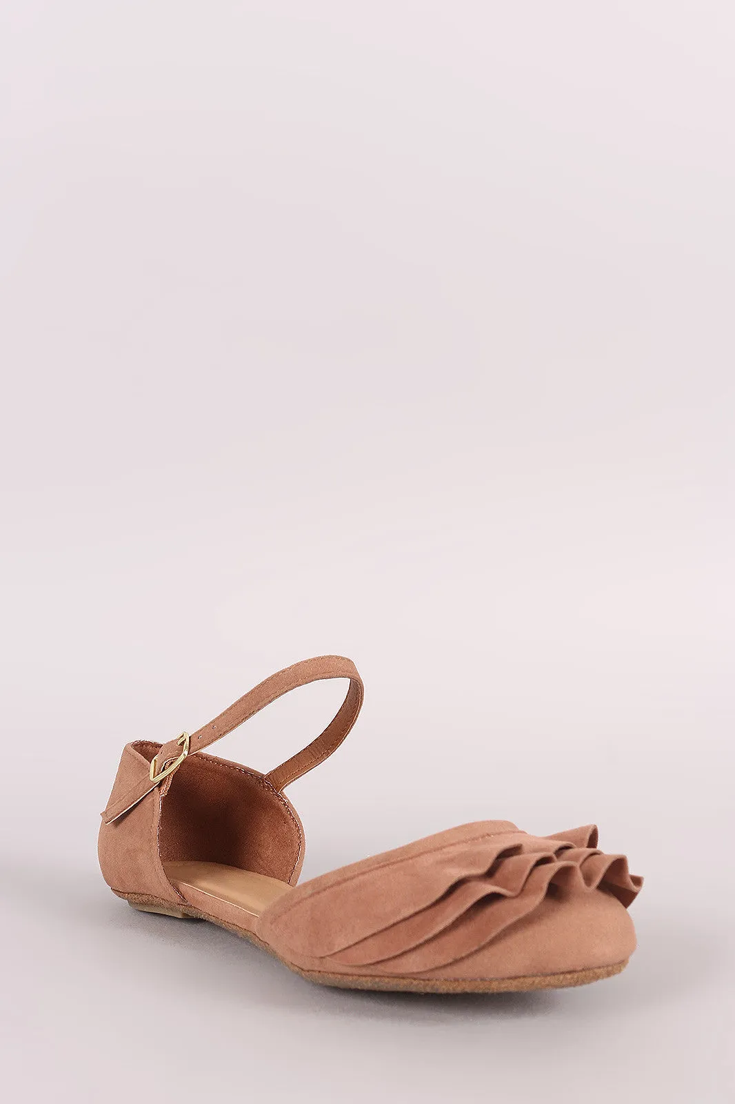 Bamboo Ruffle Round Toe Ankle Strap Dorsay Flat