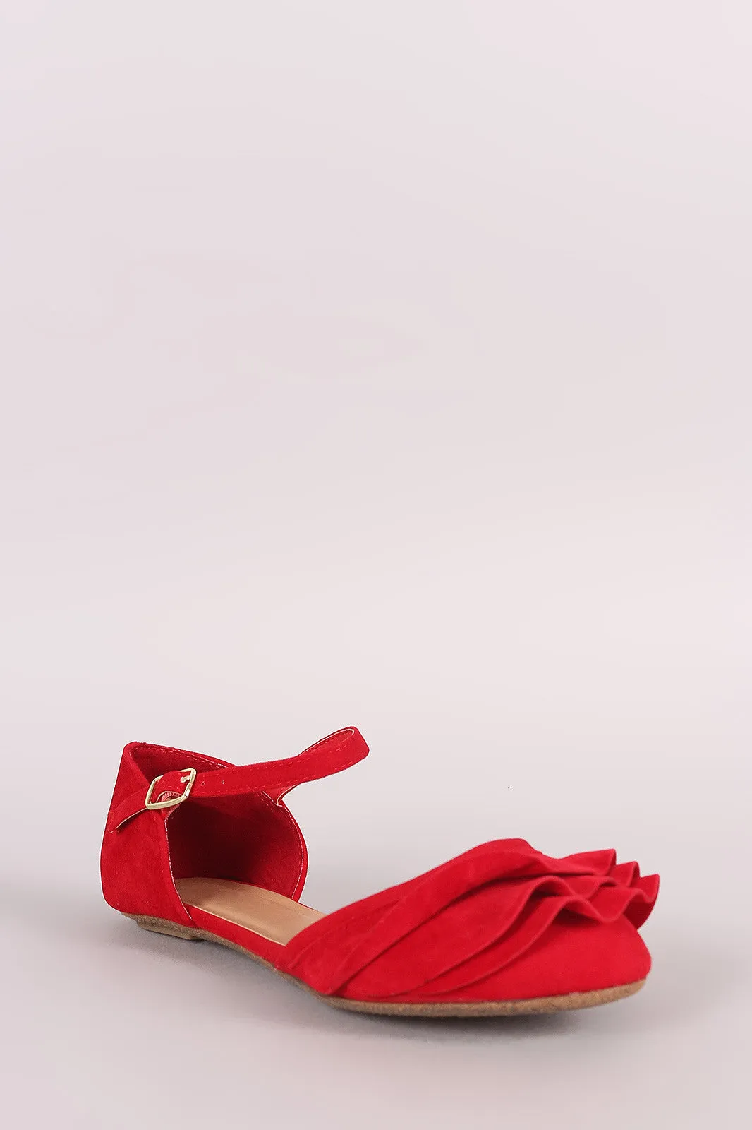 Bamboo Ruffle Round Toe Ankle Strap Dorsay Flat