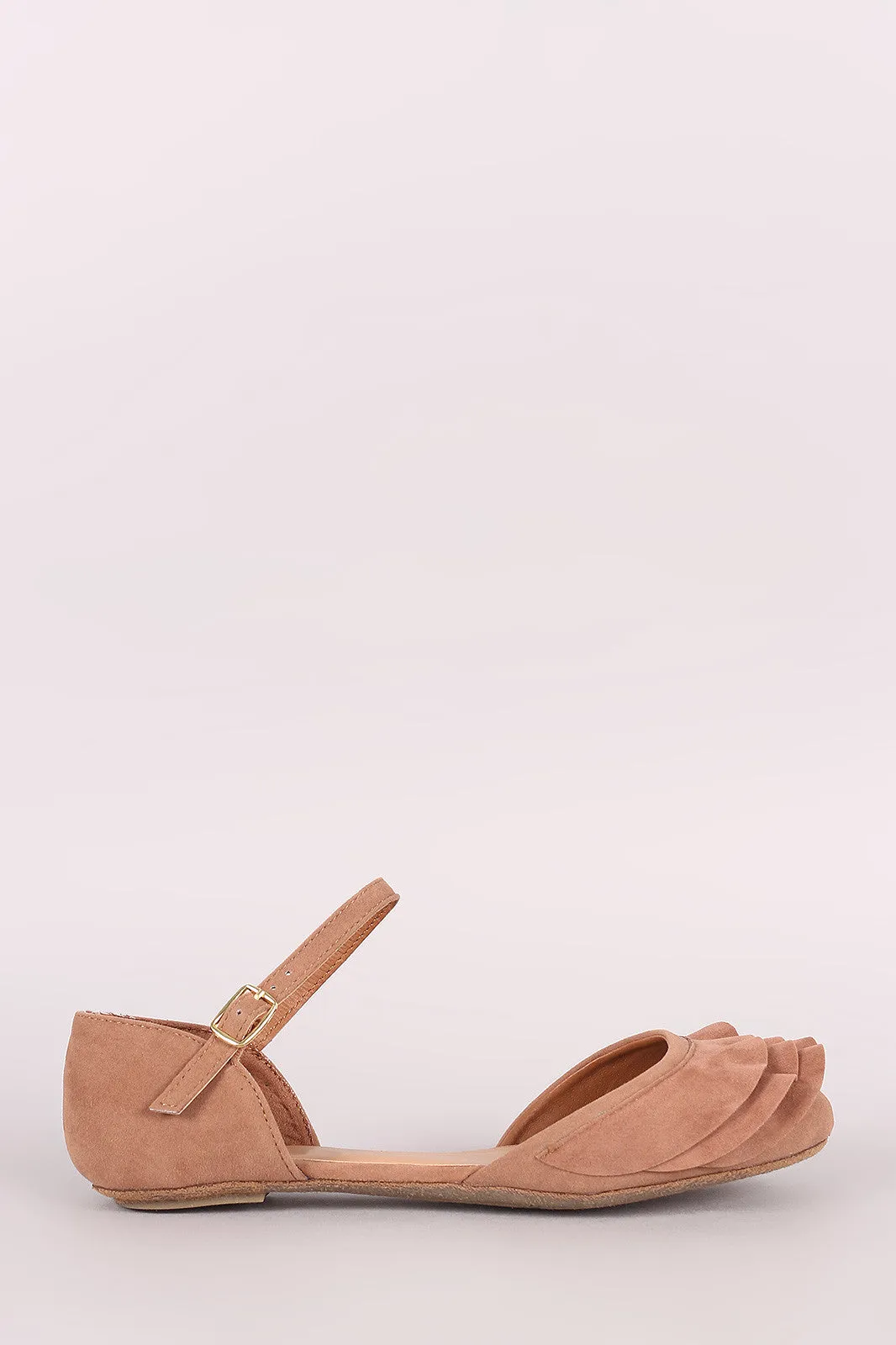 Bamboo Ruffle Round Toe Ankle Strap Dorsay Flat