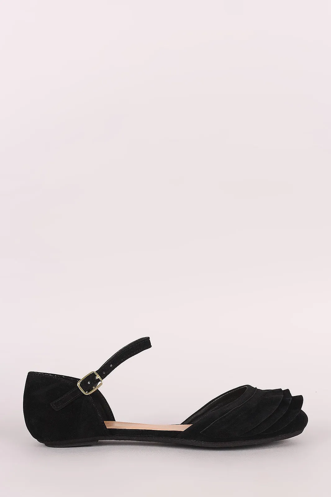 Bamboo Ruffle Round Toe Ankle Strap Dorsay Flat