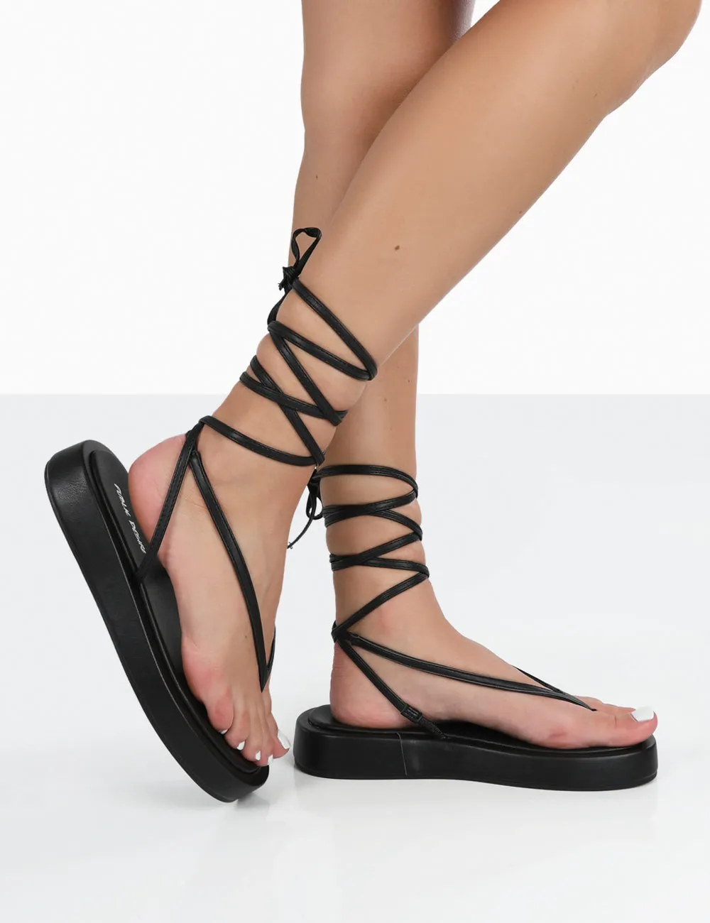 Beach Babe Black Lace Up Toe Thong Flatform Sandals