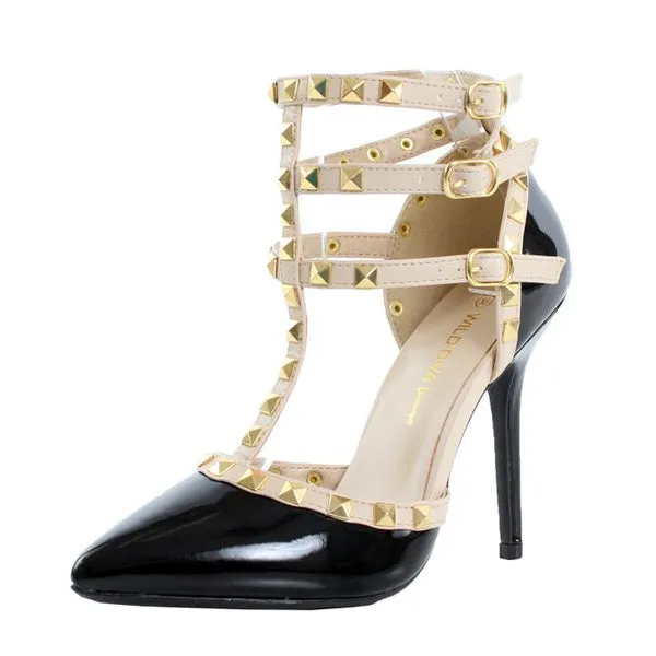 Black Beige Patent T-Strap Studded Pointy Toe Classic Heels