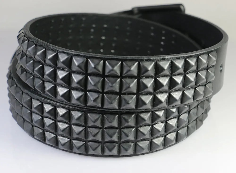 Black Pyramids (3 rows), Matte Black Buckle,  Black Leather Belt 1.5"