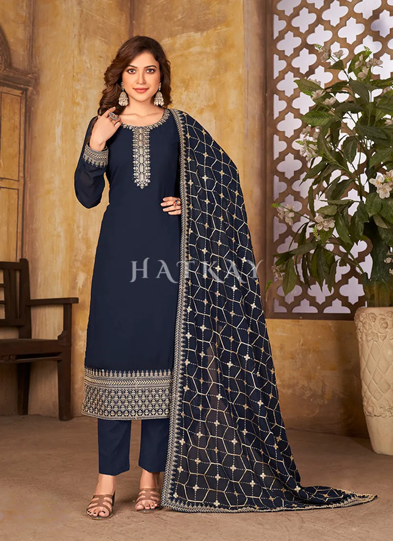 Blue Traditional Embroidered Pant Style Salwar Suit