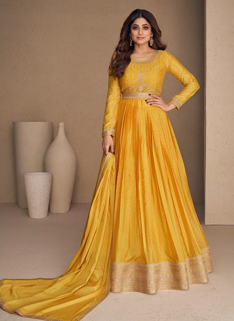 Bright Yellow Embroidery Bollywood Anarkali Gown