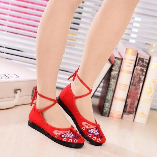 Butterfly Lace Up Strappy Bandage Flat Vintage Embroidery Flat Shoes