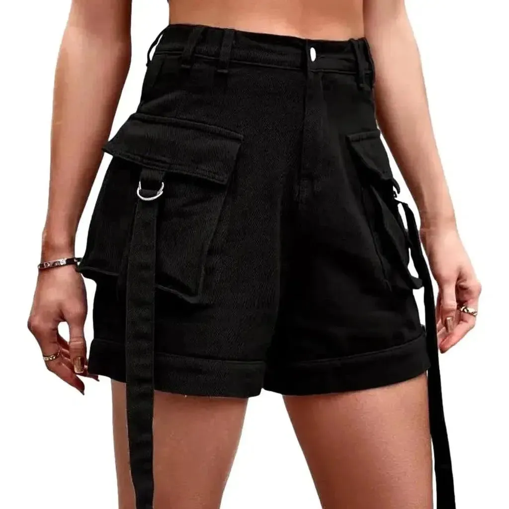 Cargo pocket-straps jeans shorts