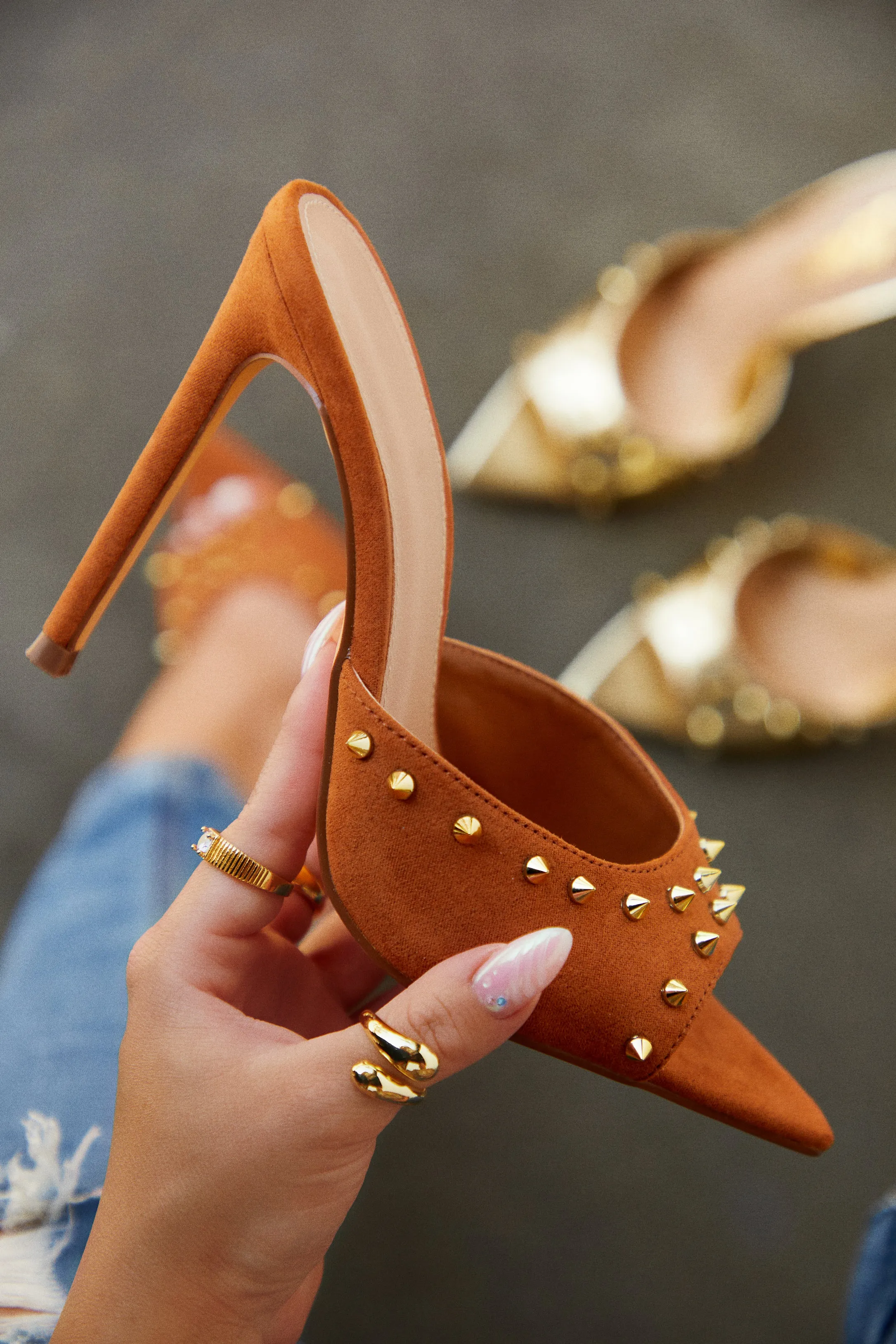 Collette Studded High Heel Mules - Tan