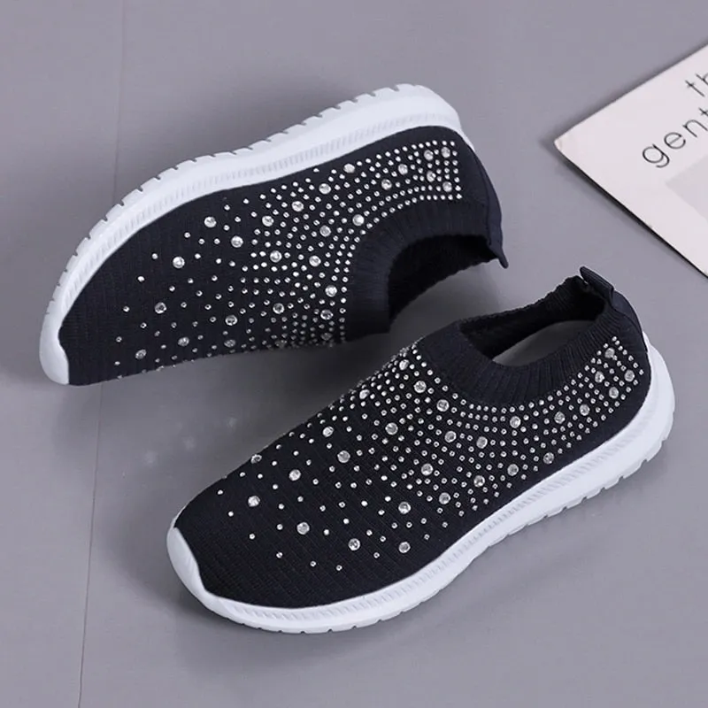 Crystal Breathable Mesh Sneaker Shoes for Women Comfortable Soft Bottom Flats Plus Size Non Slip Casual Shoes