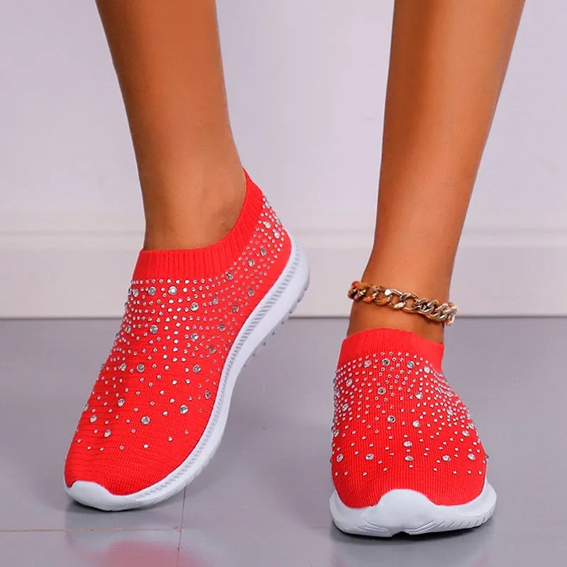 Crystal Breathable Mesh Sneaker Shoes for Women Comfortable Soft Bottom Flats Plus Size Non Slip Casual Shoes