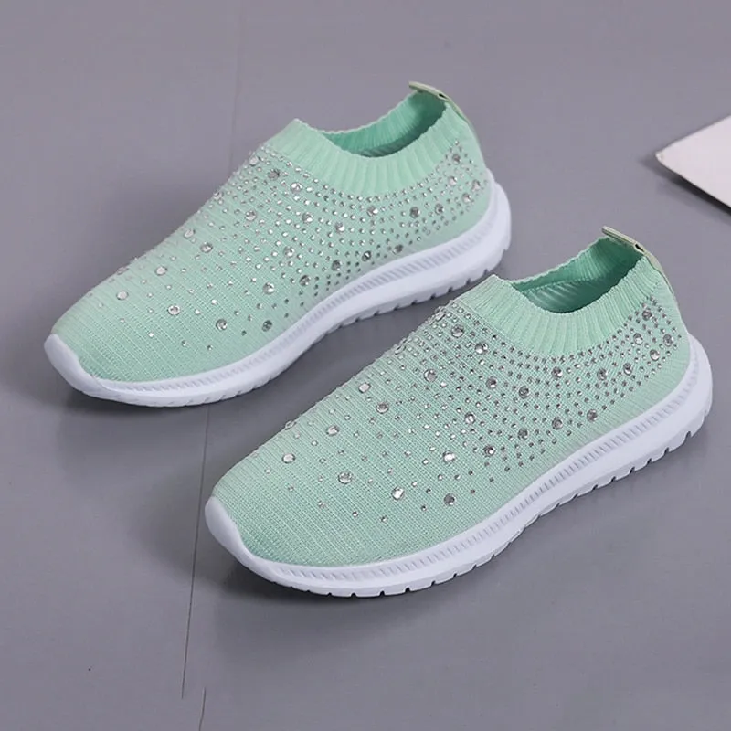 Crystal Breathable Mesh Sneaker Shoes for Women Comfortable Soft Bottom Flats Plus Size Non Slip Casual Shoes