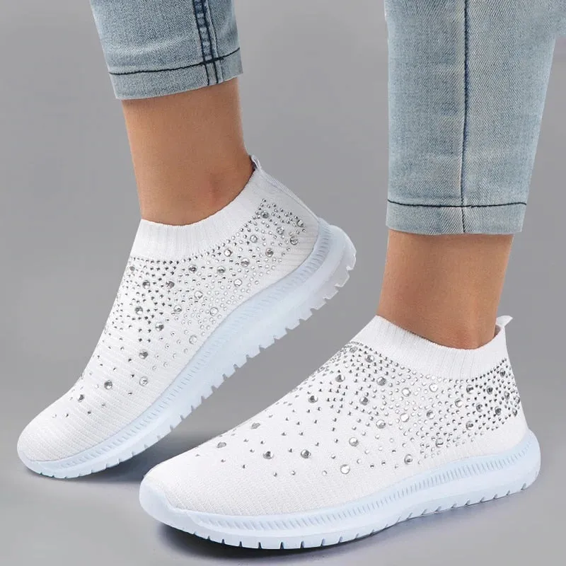 Crystal Breathable Mesh Sneaker Shoes for Women Comfortable Soft Bottom Flats Plus Size Non Slip Casual Shoes