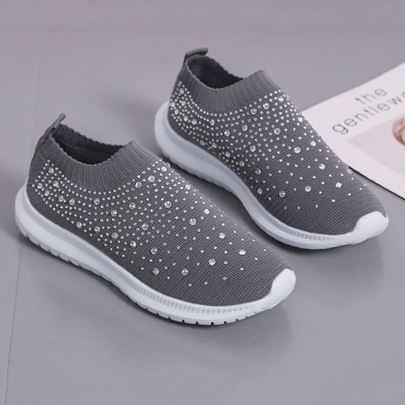 Crystal Breathable Mesh Sneaker Shoes for Women Comfortable Soft Bottom Flats Plus Size Non Slip Casual Shoes