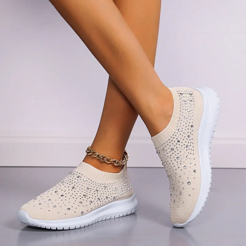 Crystal Breathable Mesh Sneaker Shoes for Women Comfortable Soft Bottom Flats Plus Size Non Slip Casual Shoes