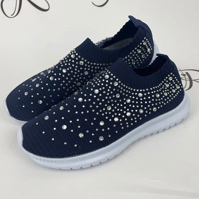 Crystal Breathable Mesh Sneaker Shoes for Women Comfortable Soft Bottom Flats Plus Size Non Slip Casual Shoes