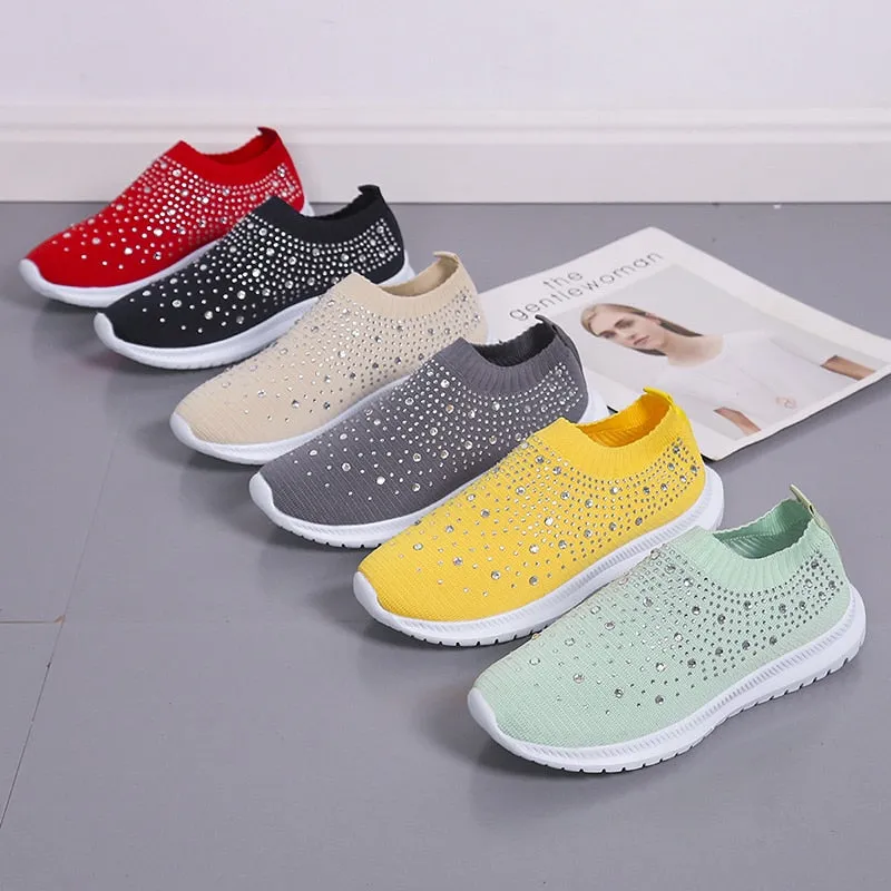 Crystal Breathable Mesh Sneaker Shoes for Women Comfortable Soft Bottom Flats Plus Size Non Slip Casual Shoes