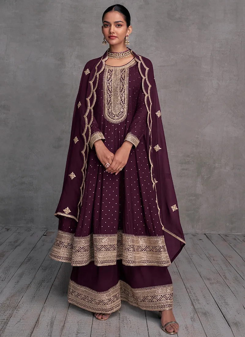 Deep Wine Embroidery Designer Anarkali Palazzo Suit