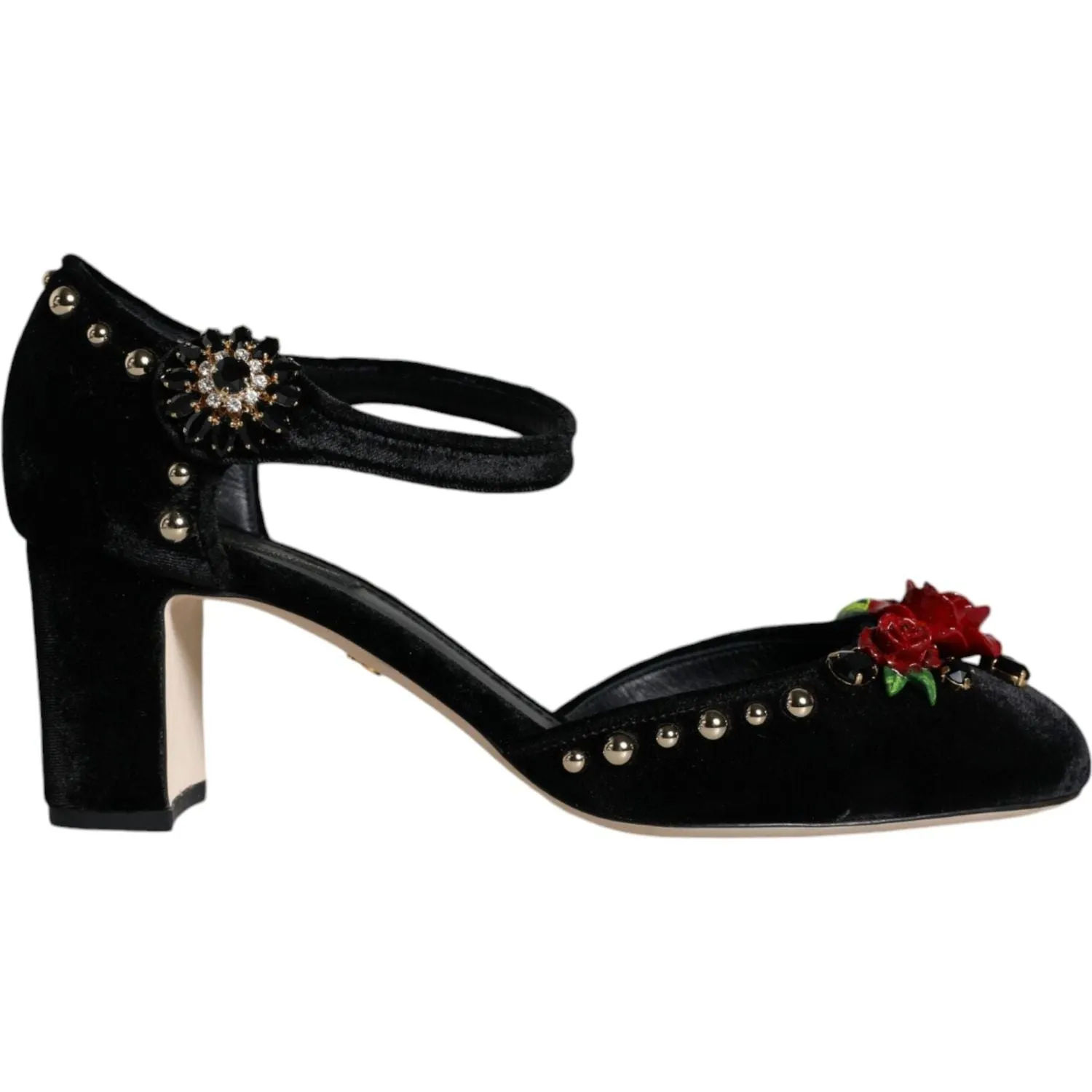 Dolce & Gabbana Black Velvet Roses Ankle Strap Pumps Shoes