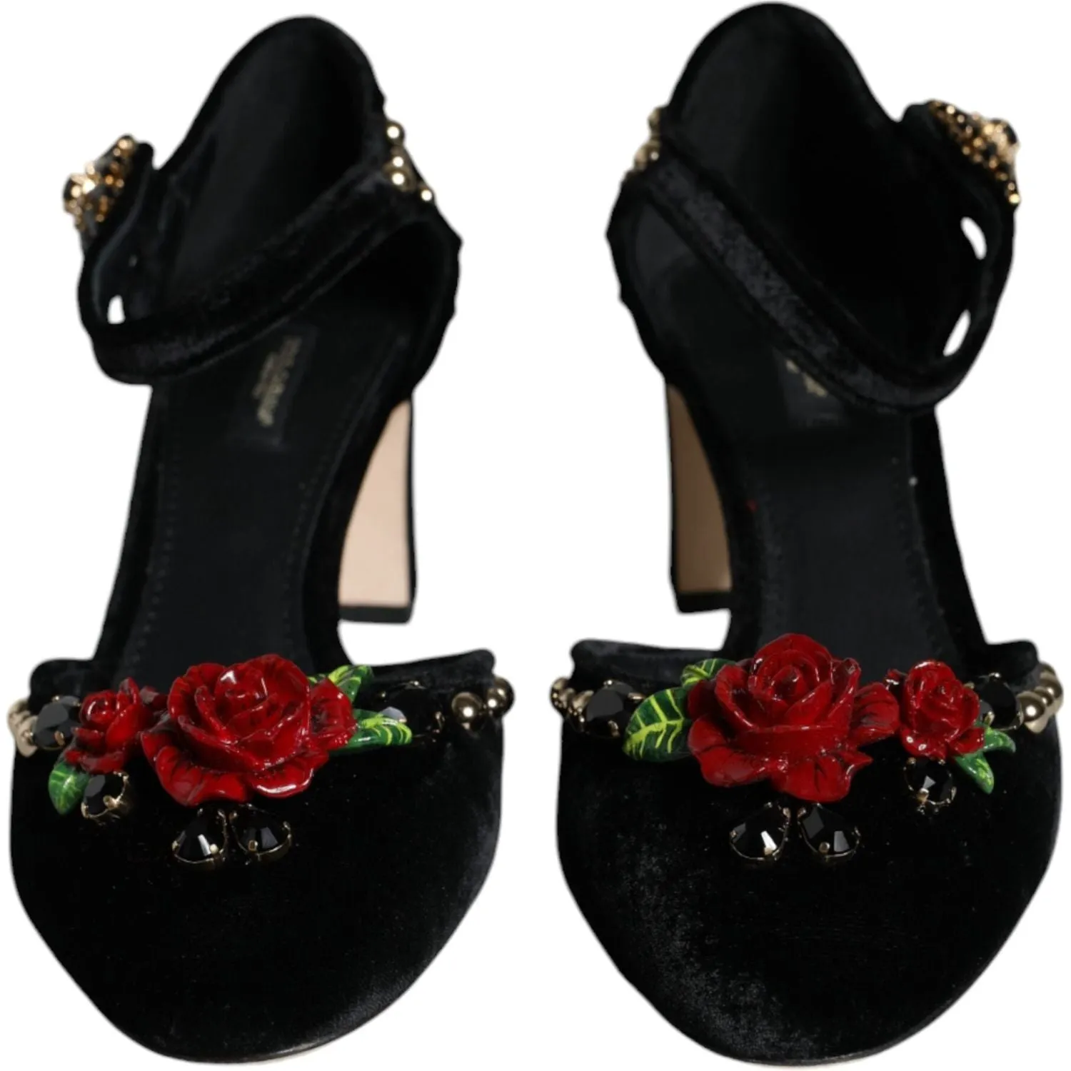 Dolce & Gabbana Black Velvet Roses Ankle Strap Pumps Shoes