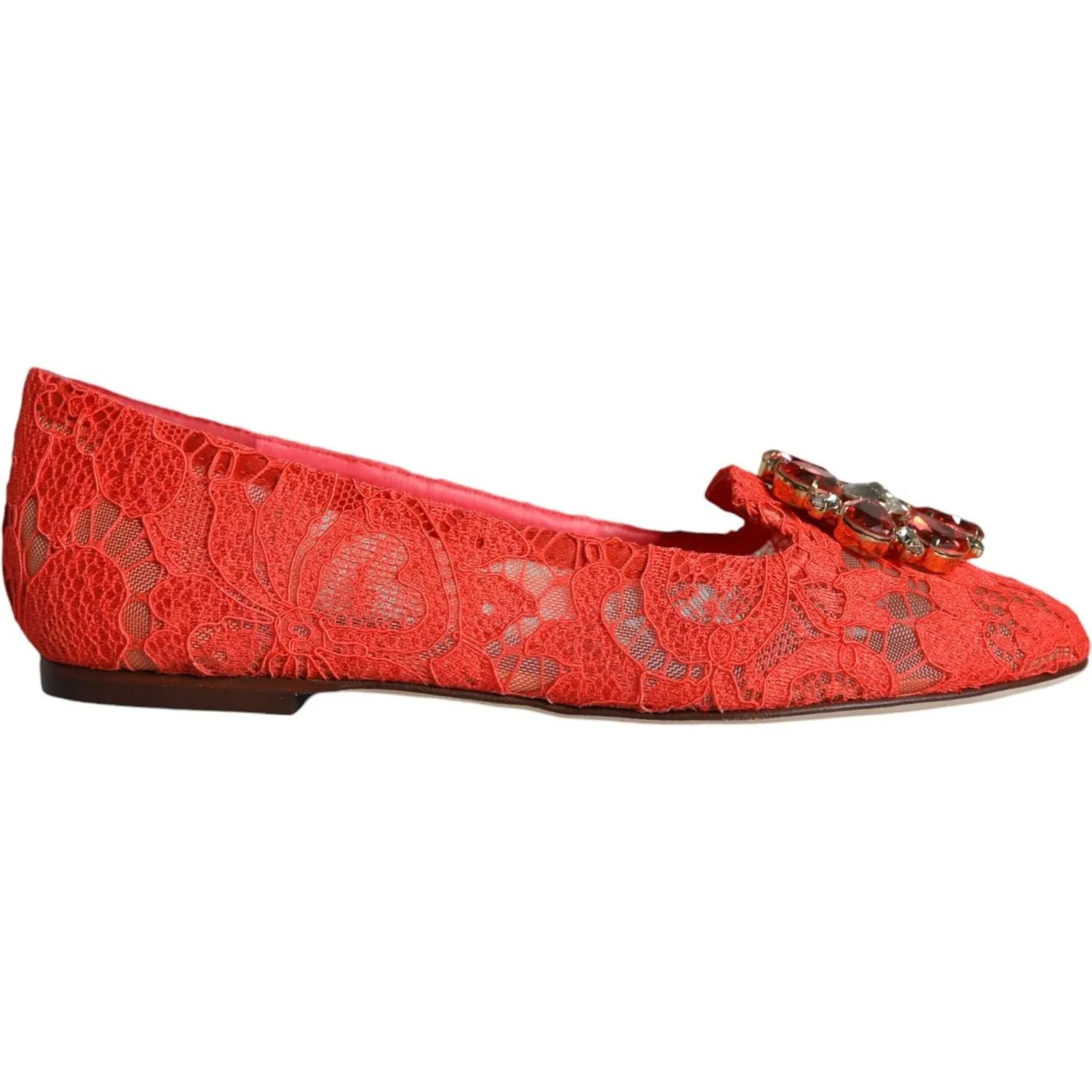 Dolce & Gabbana Coral Lace Crystal Ballet Flats Loafers Shoes