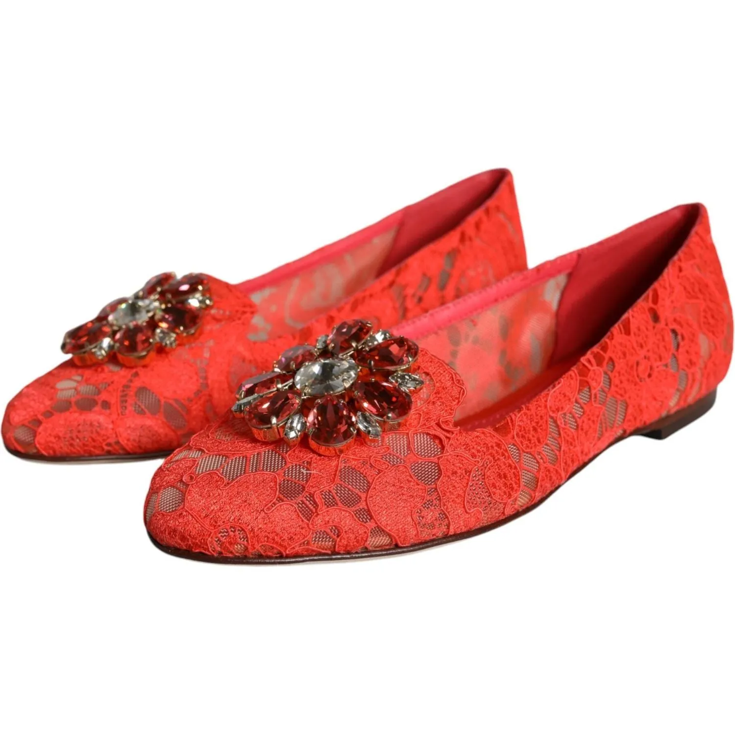 Dolce & Gabbana Coral Lace Crystal Ballet Flats Loafers Shoes