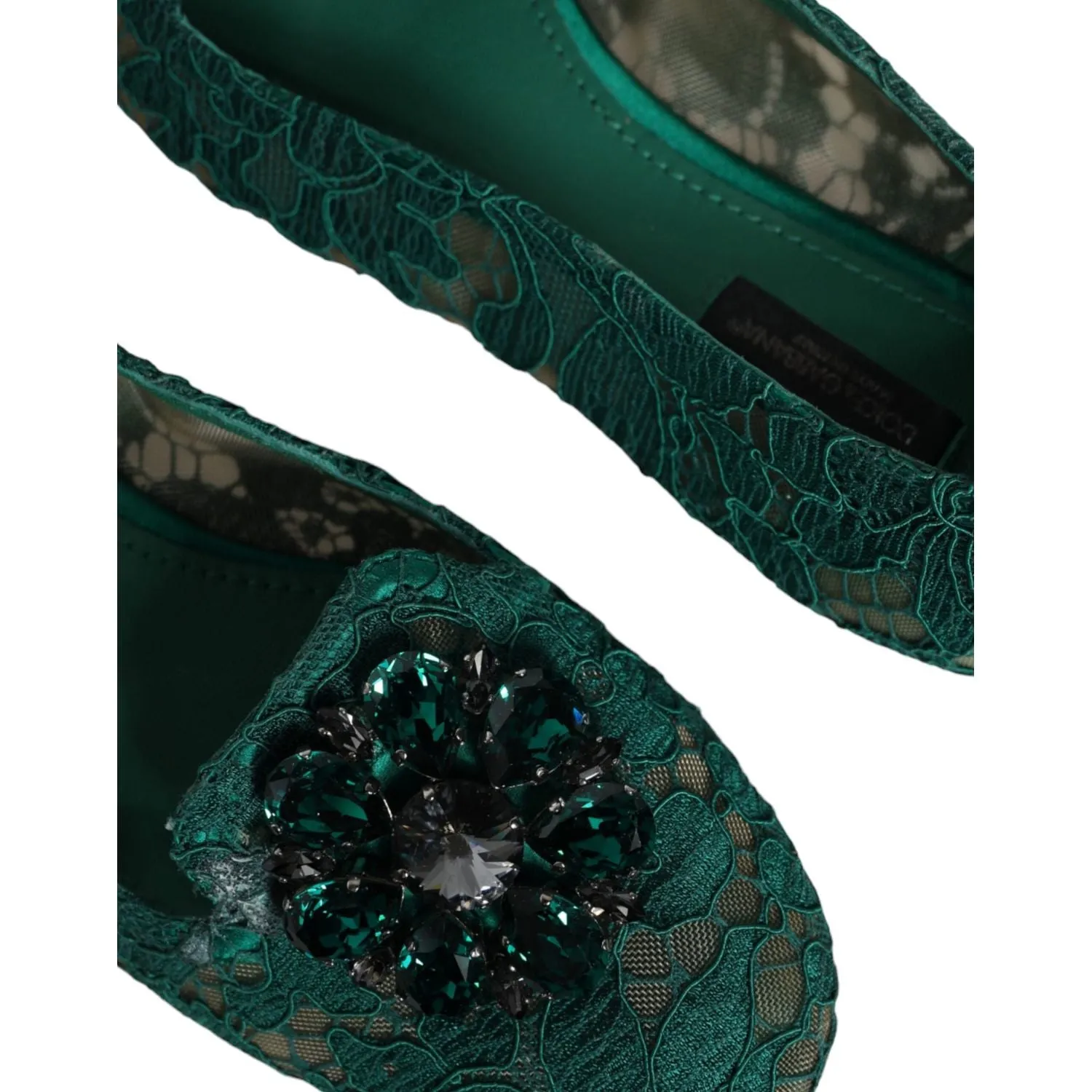 Dolce & Gabbana Green Lace Crystal Ballet Flats Loafers Shoes