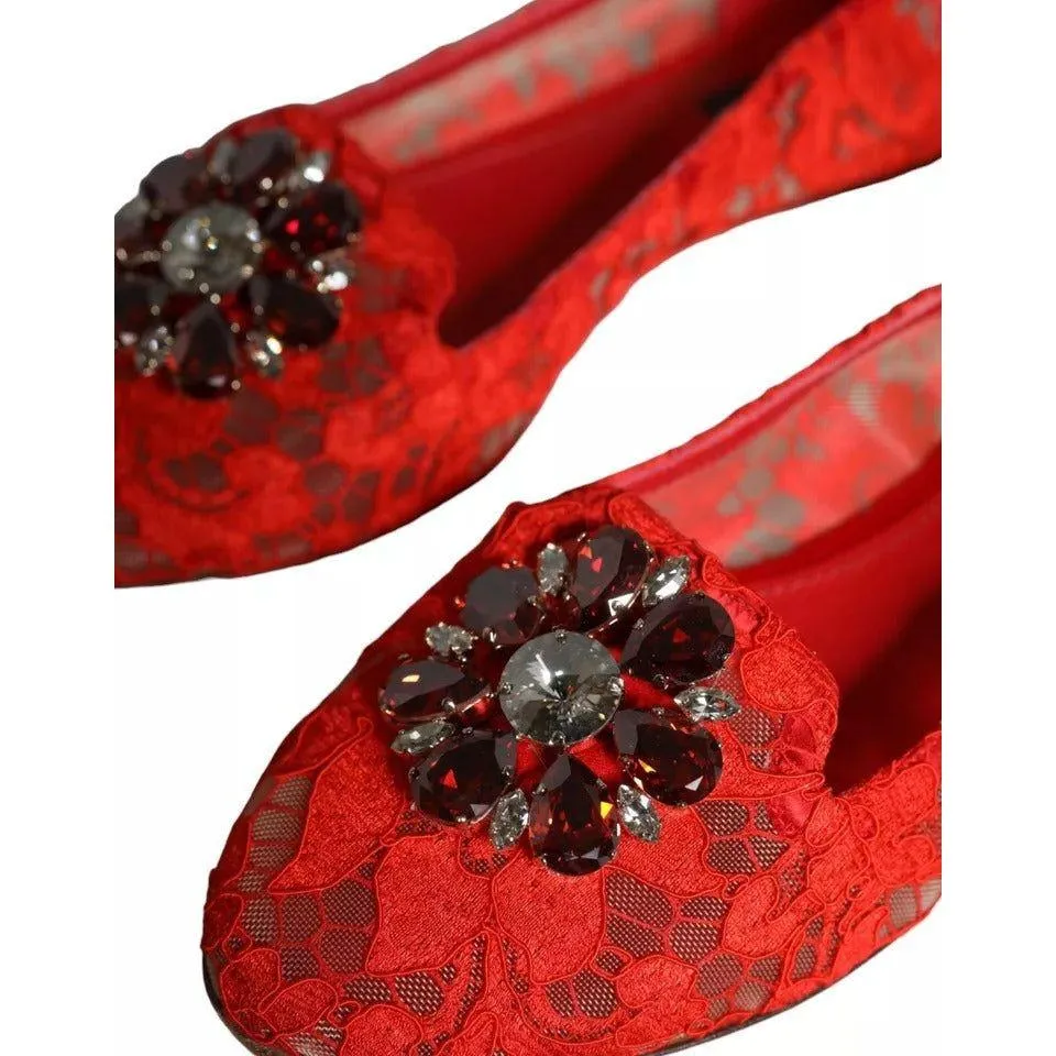 Dolce & Gabbana Red Lace Crystal Ballet Flats Loafers Shoes