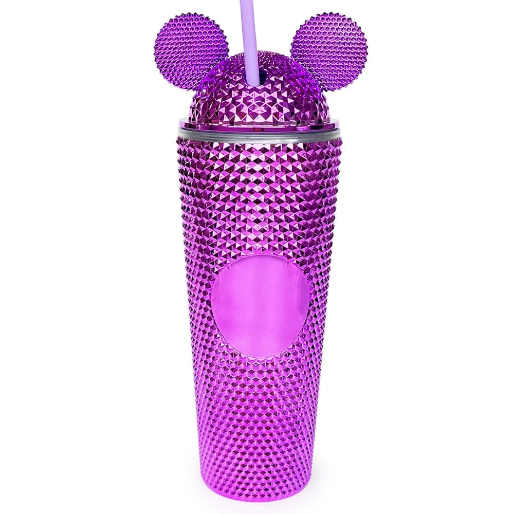 Ear Studded Metallic Tumbler With Straw - PURPLE (1 unit)