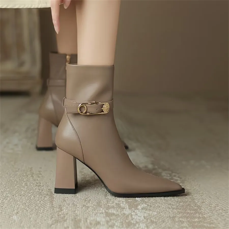 Elegant Cow Leather Pointed Toe Kitten Heel Boots