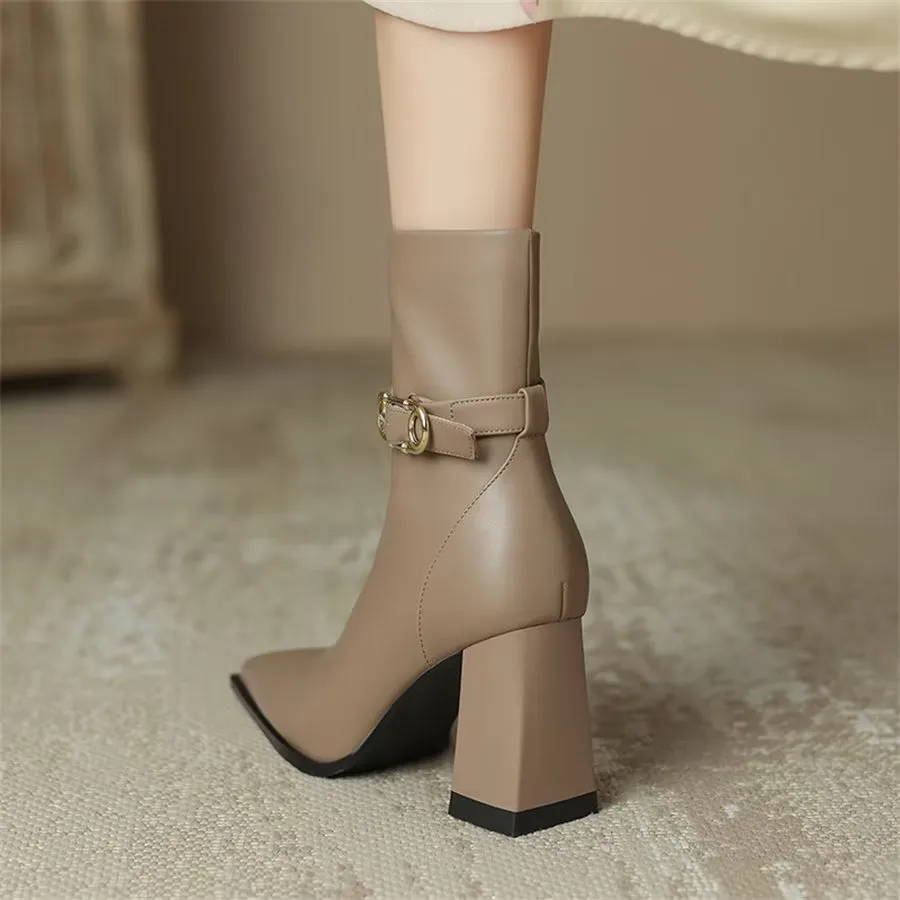 Elegant Cow Leather Pointed Toe Kitten Heel Boots