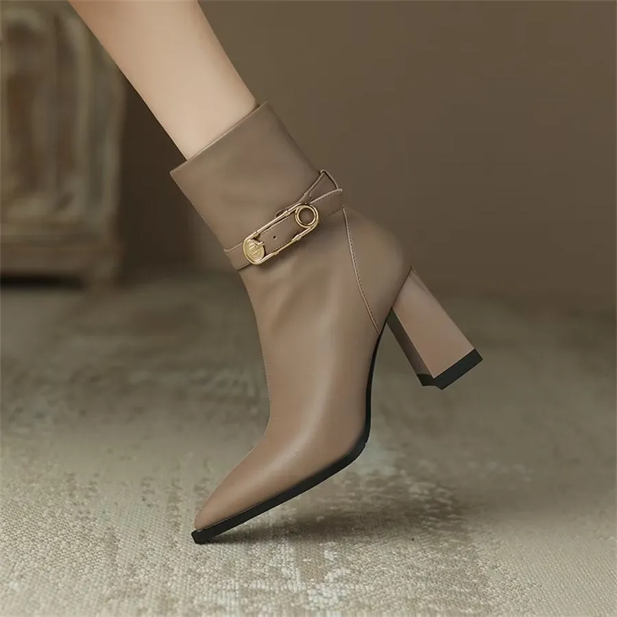 Elegant Cow Leather Pointed Toe Kitten Heel Boots