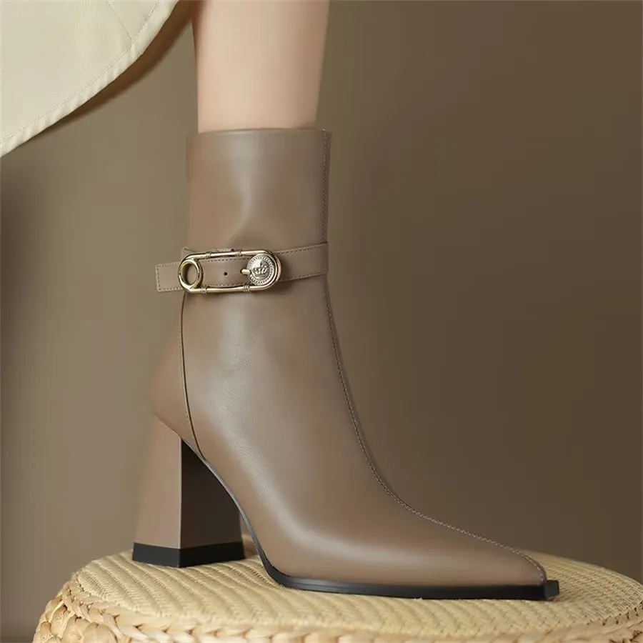 Elegant Cow Leather Pointed Toe Kitten Heel Boots