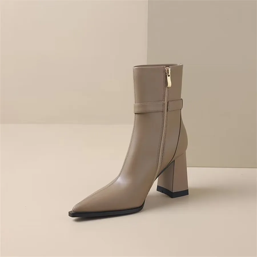 Elegant Cow Leather Pointed Toe Kitten Heel Boots