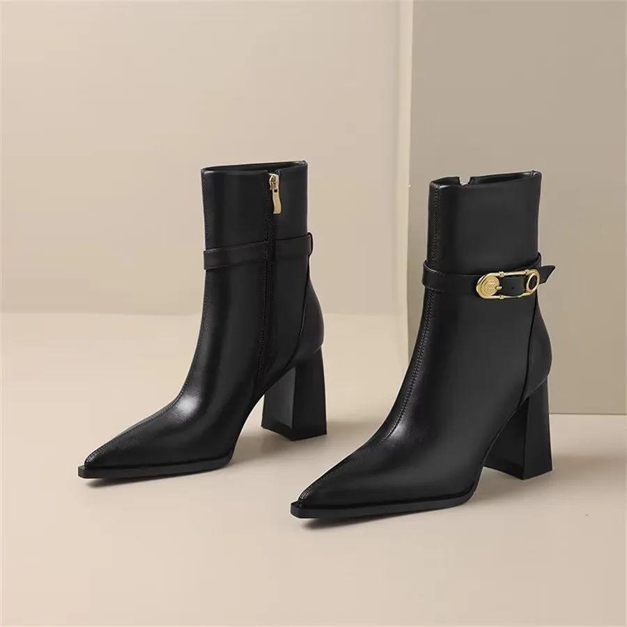 Elegant Cow Leather Pointed Toe Kitten Heel Boots