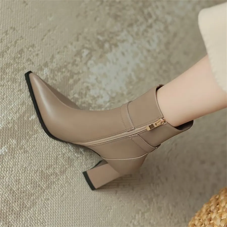 Elegant Cow Leather Pointed Toe Kitten Heel Boots