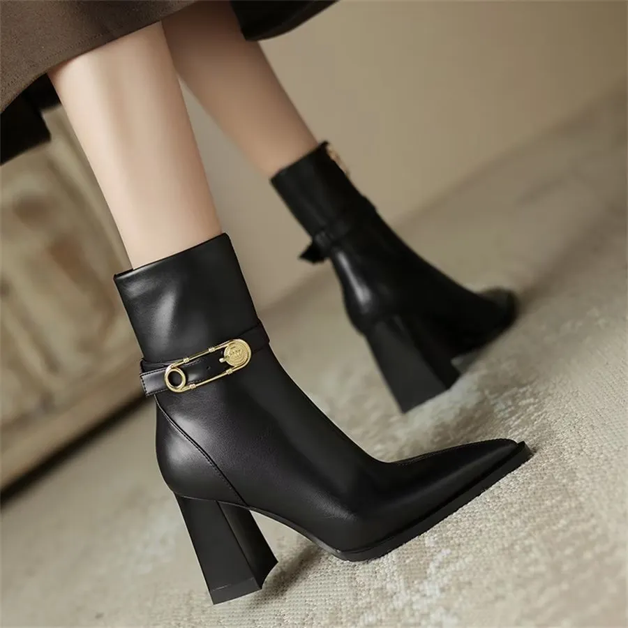 Elegant Cow Leather Pointed Toe Kitten Heel Boots