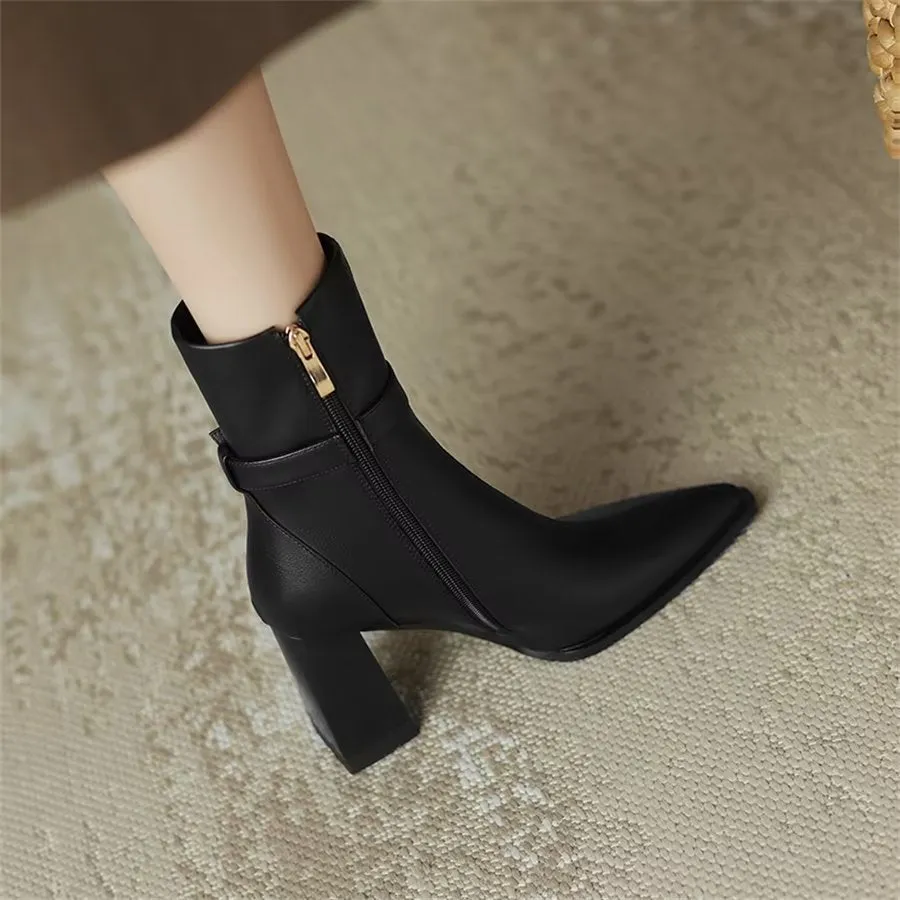 Elegant Cow Leather Pointed Toe Kitten Heel Boots