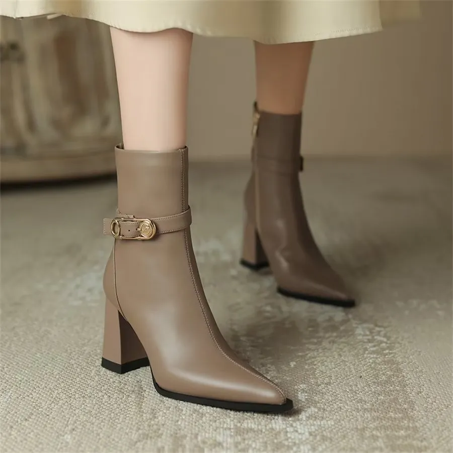 Elegant Cow Leather Pointed Toe Kitten Heel Boots