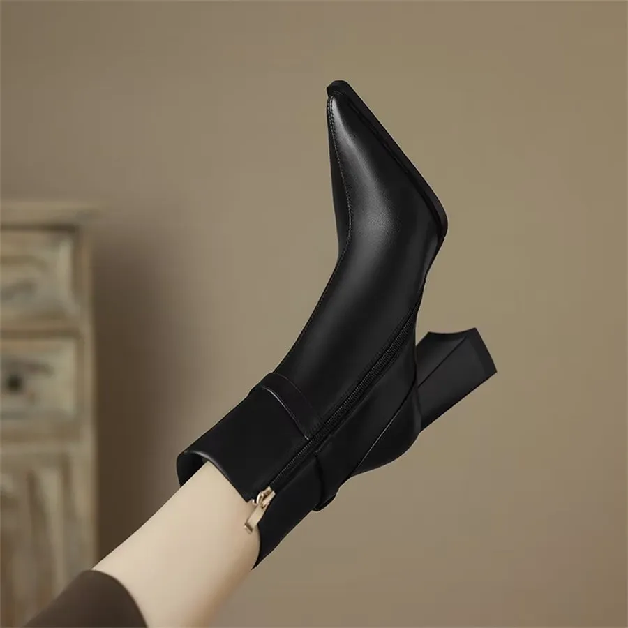 Elegant Cow Leather Pointed Toe Kitten Heel Boots