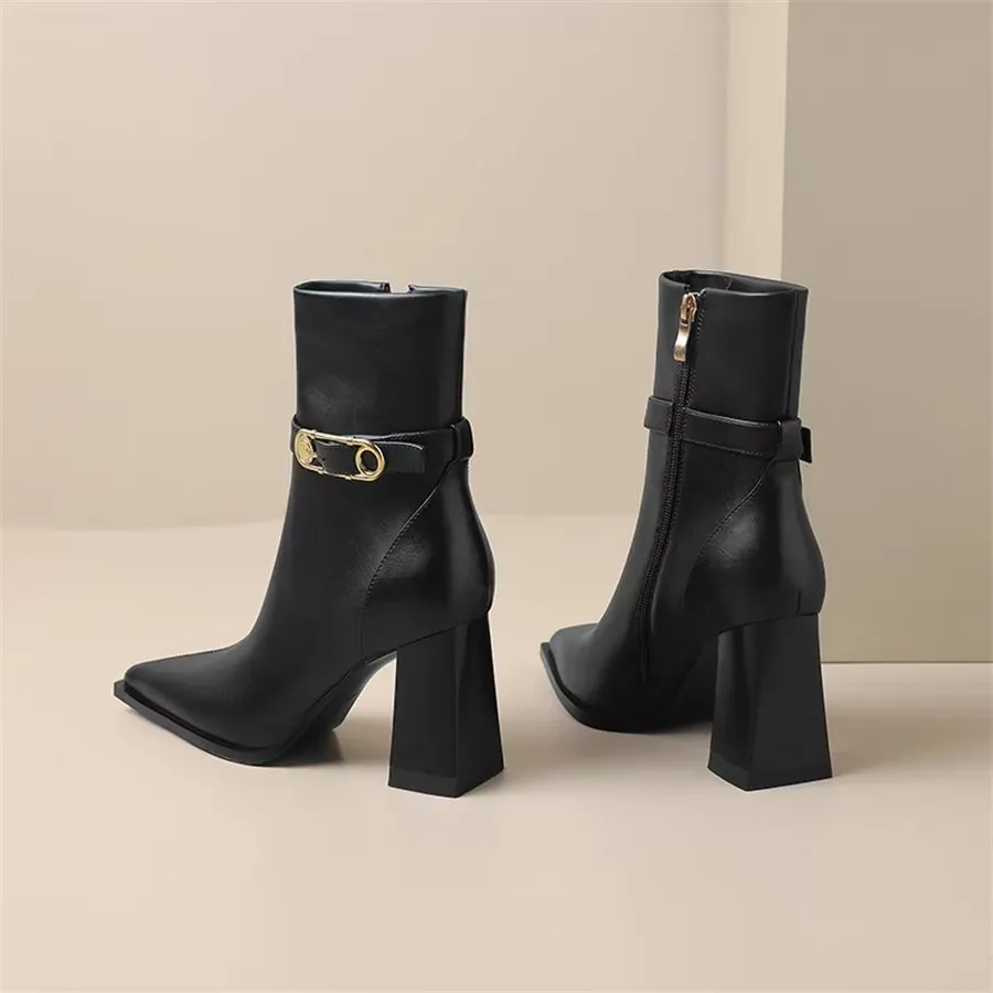 Elegant Cow Leather Pointed Toe Kitten Heel Boots