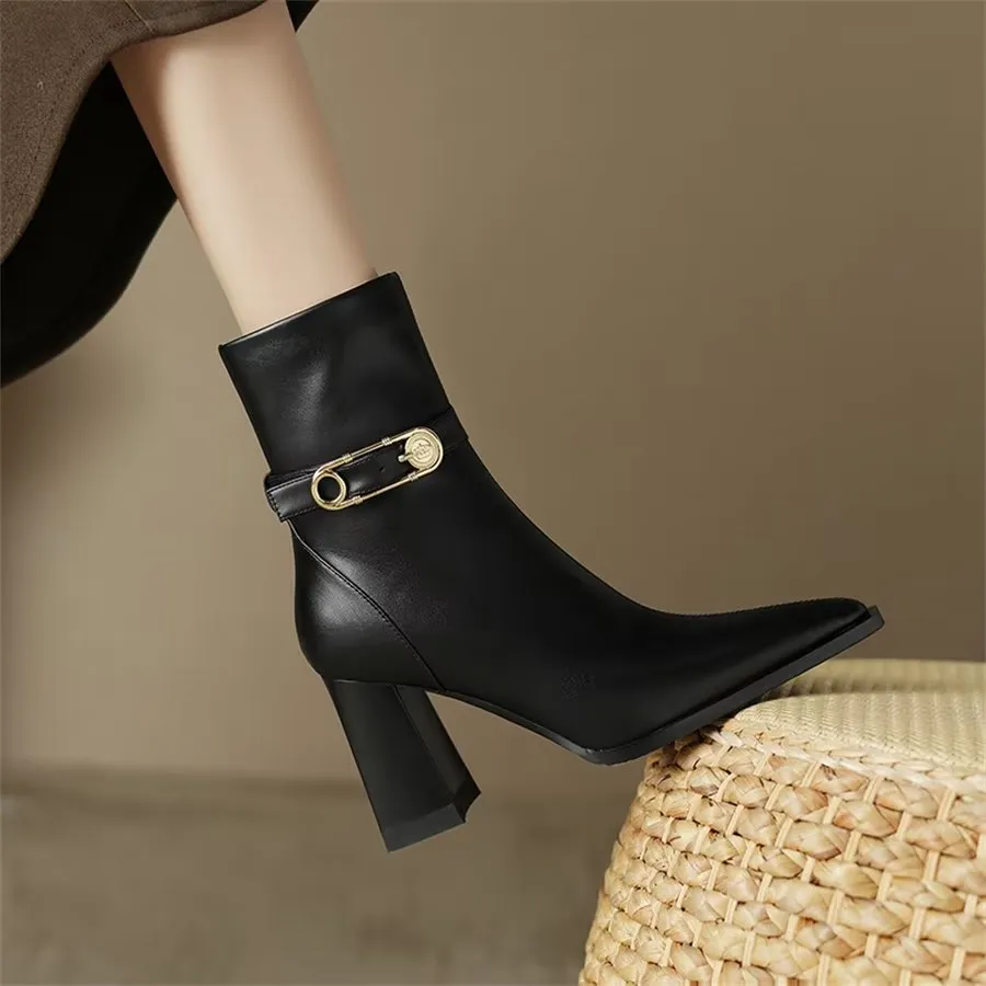 Elegant Cow Leather Pointed Toe Kitten Heel Boots