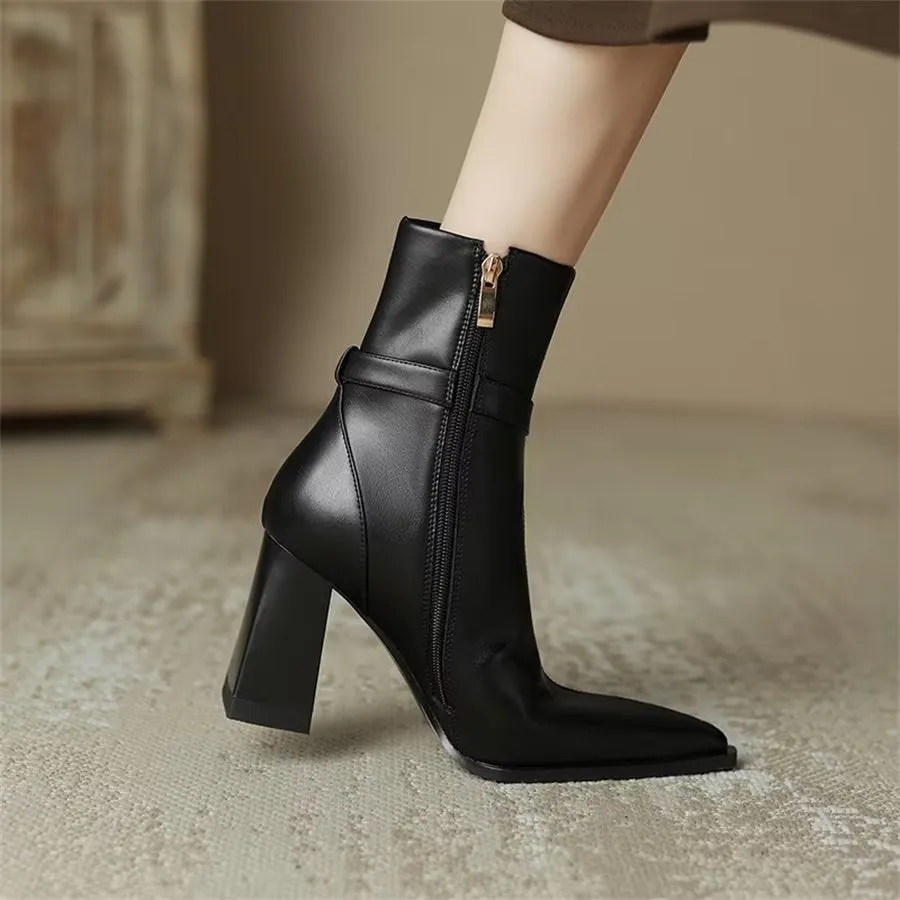 Elegant Cow Leather Pointed Toe Kitten Heel Boots