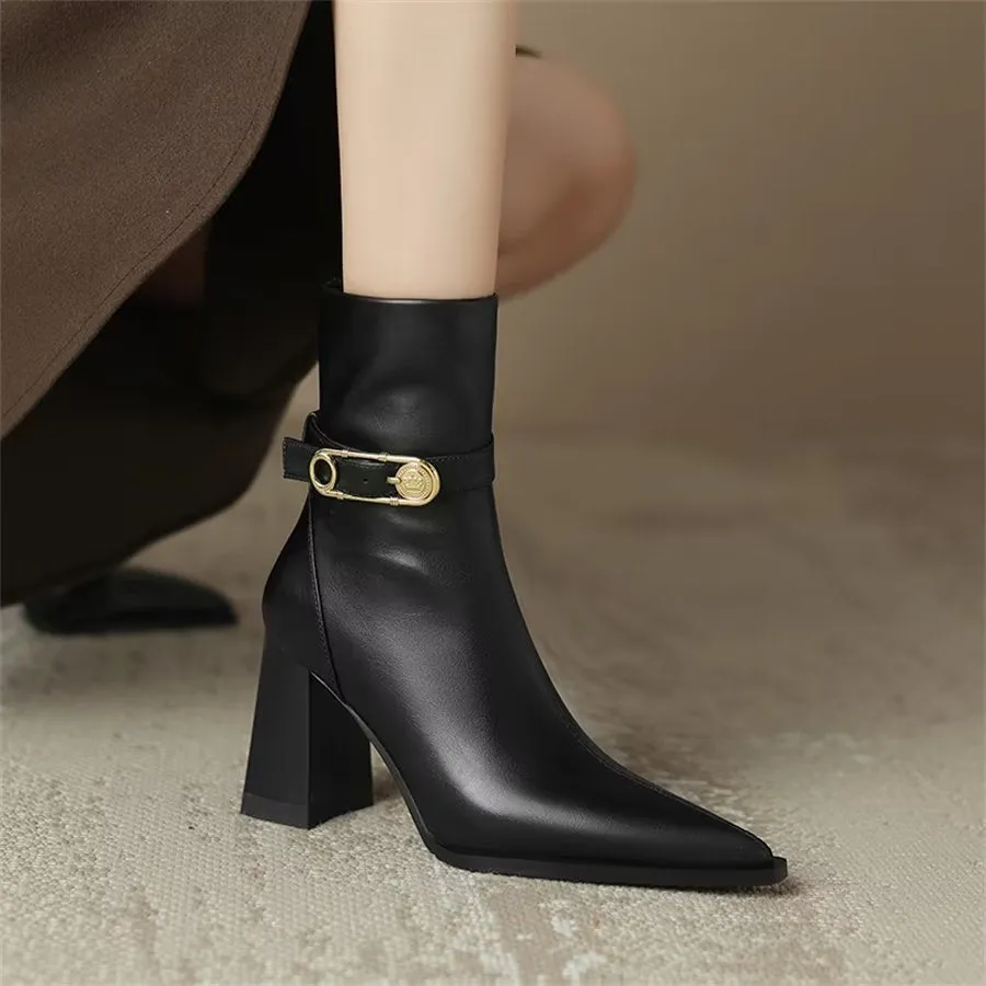 Elegant Cow Leather Pointed Toe Kitten Heel Boots