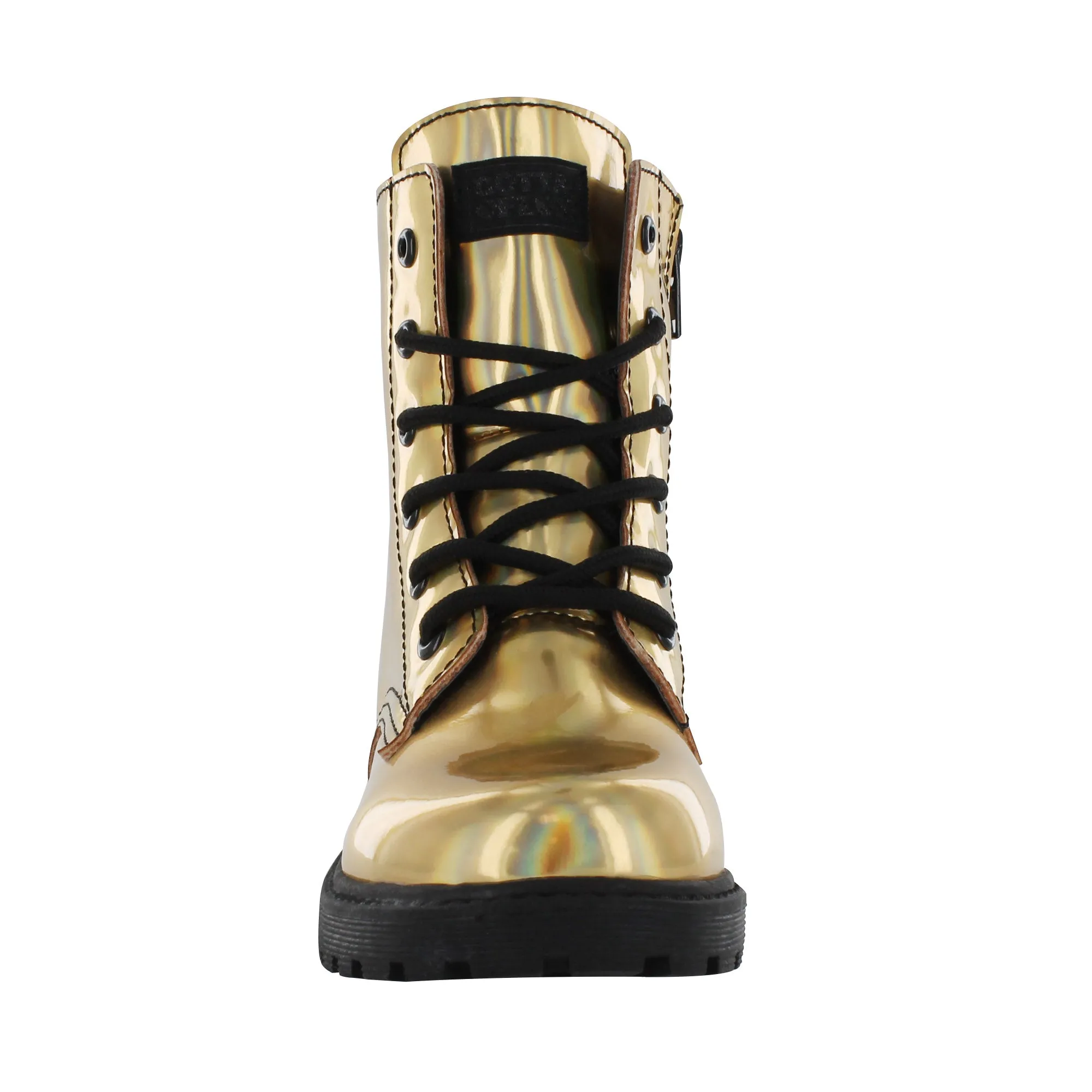 Gotta Flurt Girl's Luna Gold Faux Patent Leather Combat Boot With Side Zipper