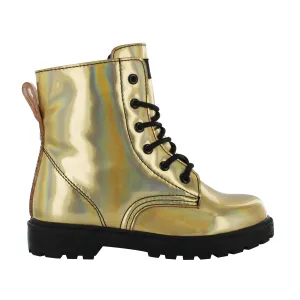 Gotta Flurt Girl's Luna Gold Faux Patent Leather Combat Boot With Side Zipper