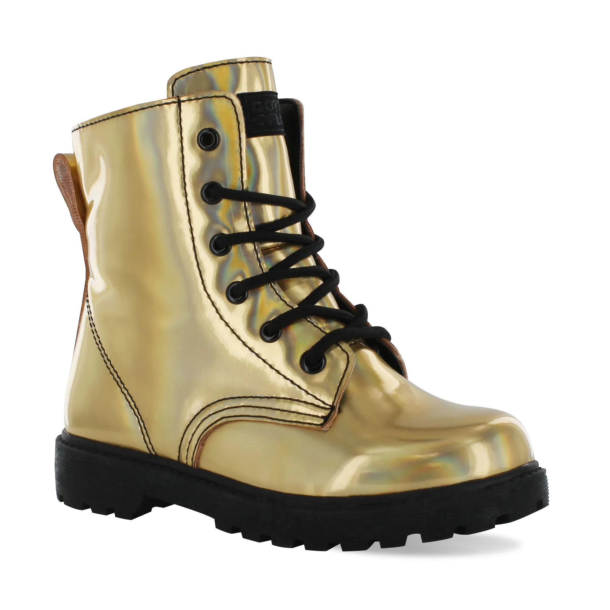 Gotta Flurt Girl's Luna Gold Faux Patent Leather Combat Boot With Side Zipper