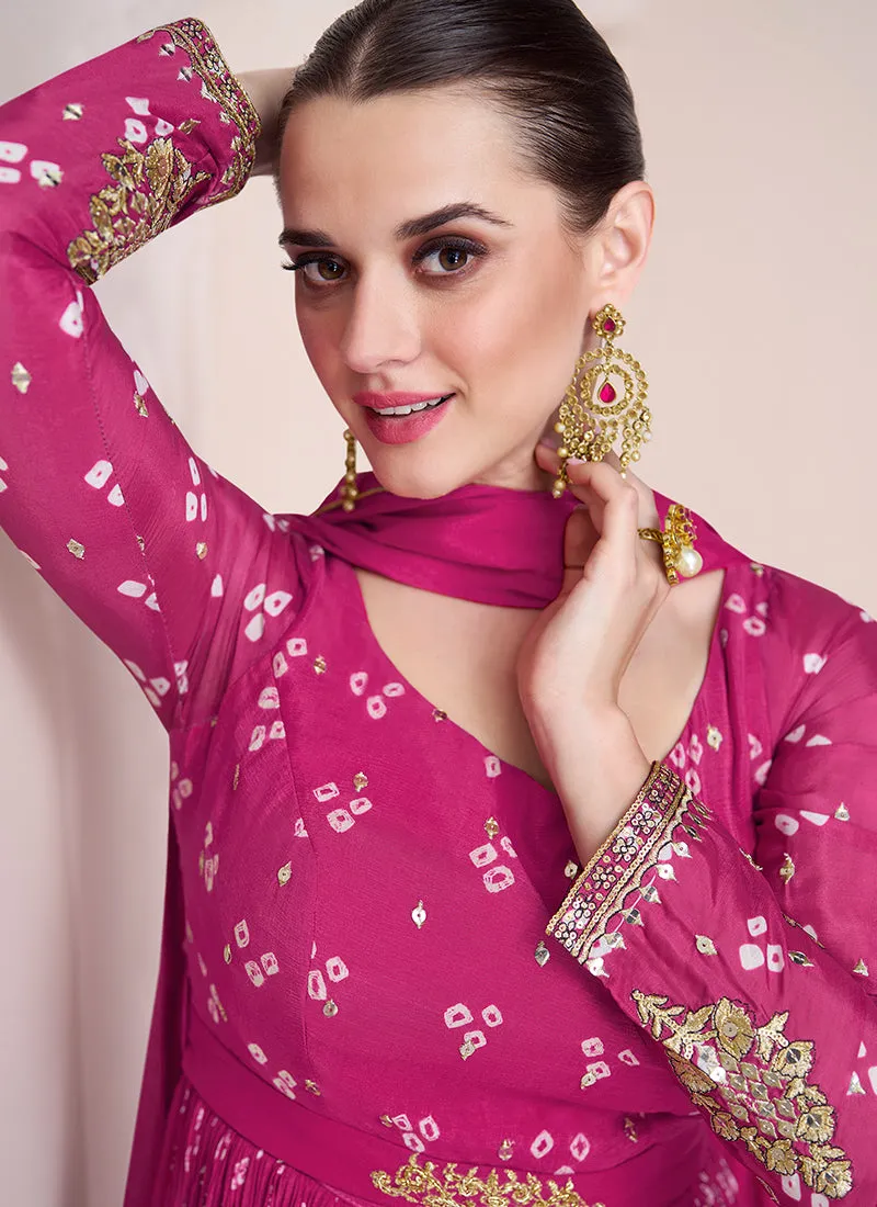 Hot Pink Embroidery Printed Wedding Anarkali Suit