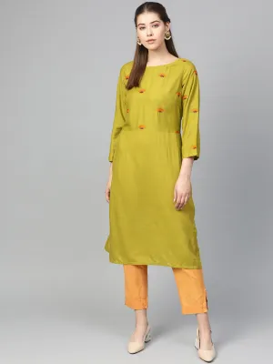 Jashvi Women Green Yoke Design Straight Kurta