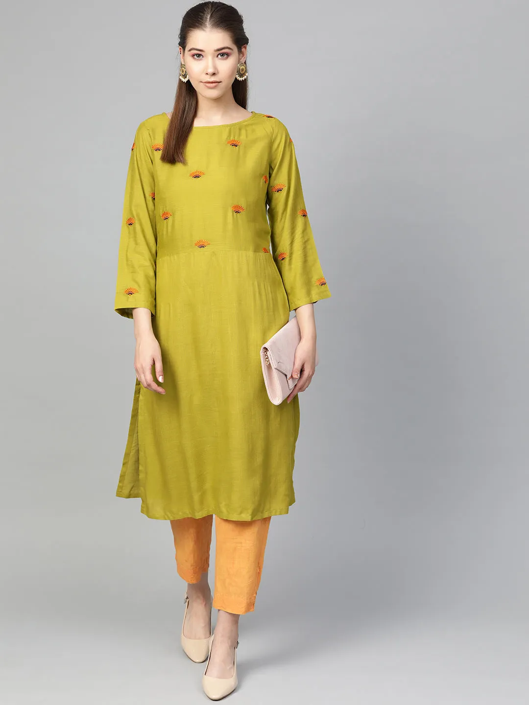 Jashvi Women Green Yoke Design Straight Kurta